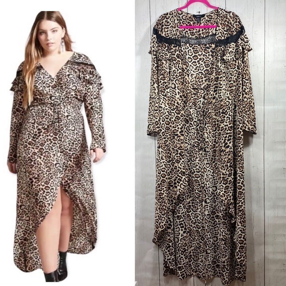 Forever 21 Leopard Print Ruffle High Low Maxi Wrap Dress Plus Sz Wild Glam Boho